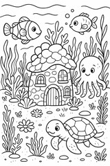 Fototapeta premium Underwater village scene with coral house, turtle, octopus, and fish in ocean line art, coloring page