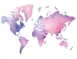 World map, watercolor, muted colors