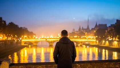 Cityscape at dusk with person