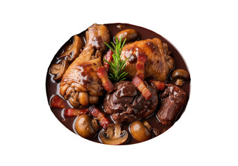 Dark Coq au Vin stew with braised chicken, mushrooms, bacon, glossy red-wine sauce, rosemary in rustic bowl on transparent, gourmet French cuisine concept