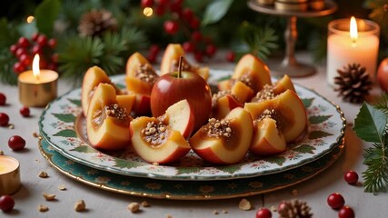 Cozy festive celebration with caramel apple slices and glowing candles, perfect for holiday gatherings and gourmet food content. - Powered by Adobe
