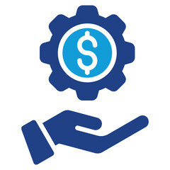 Financial Setup Glyph Blue Silhouette Icon Design Vector - gear with a dollar sign above an open hand, symbolizing financial support or system setup
