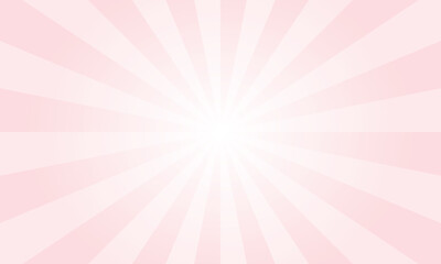 Pale pink background with white sun ray. Abstract texture with light of sunburst. Radial glowing beam of sunlight. Retro background with flash. Design of sunbeams vector illustration.
