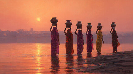 Fototapeta premium Gauri Visarjan, women carrying decorated pots, riverbank sunset