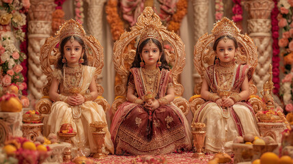 Fototapeta premium Kanya Pujan, little girls dressed as goddesses, decorated thrones