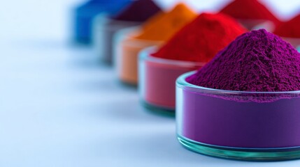 Row of glass containers filled with colorful pigment powders on a white surface