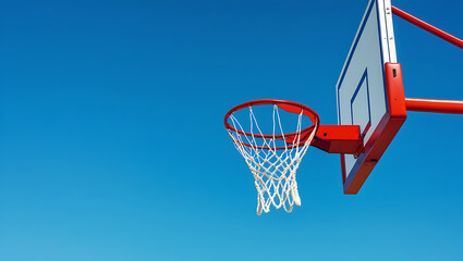 Red basketball hoop and backboard against clear blue sky