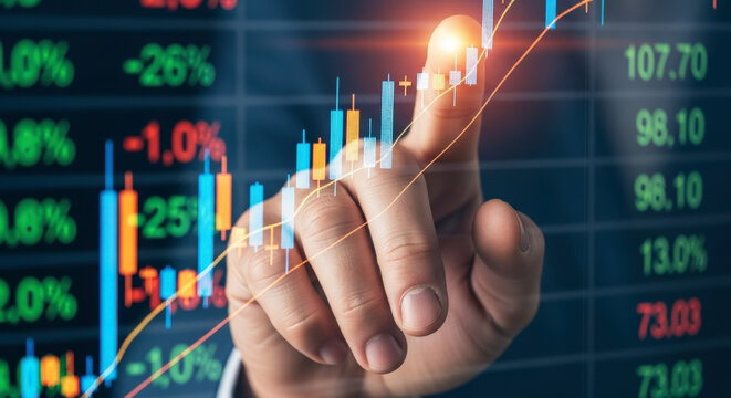 A hand touching a futuristic holographic screen displaying a financial stock chart and various market data numbers