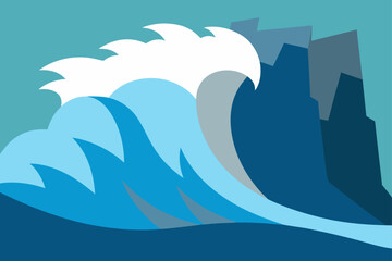 Stunning ocean wave cresting powerfully near rugged mountain peaks, a dynamic coastal scene, nature's raw beauty