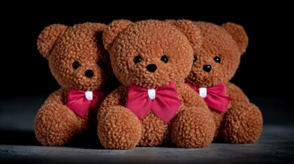 Obraz premium Three brown teddy bears with red bows sit together on a dark textured surface