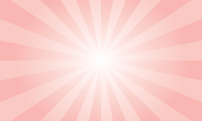 Puppy pink background with white sun ray. Abstract texture with light of sunburst. Radial glowing beam of sunlight. Retro background with flash. Design of sunbeams vector illustration.