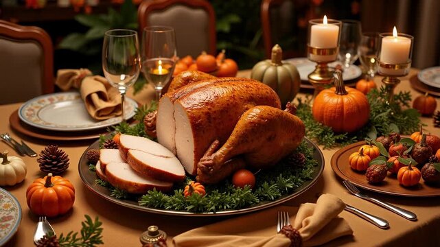 Glistening roasted turkey carved and ready for a festive family feast, surrounded by autumn decorations and warm candlelight