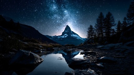  Matterhorn bei Nacht mit funkelnder Milchstraße und Spiegelung im Bergsee 
