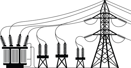 Electric power transformer station with transmission lines and high voltage pylons, energy distribution, power grid infrastructure vector illustration