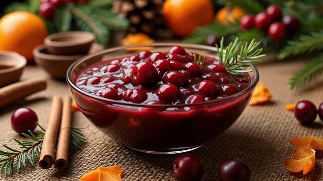 Vibrant homemade cranberry sauce with fresh oranges and cinnamon sticks, perfect for festive holiday gatherings and seasonal cooking.