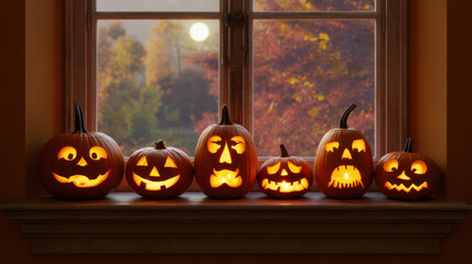 Row of glowing carved halloween pumpkins lined up on a windowsill with autumn foliage visible outside