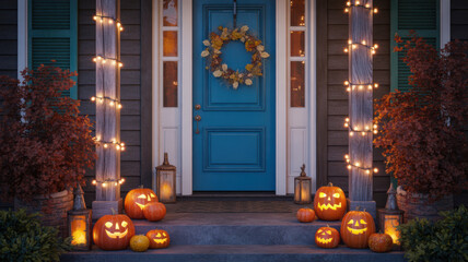 Obraz premium Festive halloween decorated front porch with glowing jack o lanterns and string lights