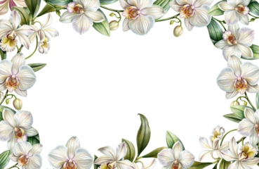 White orchid with leaves, exotic flower square frame wreath, for wedding invitations