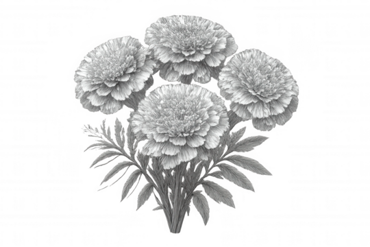 Pencil drawing of marigold flowers forming a bouquet on a transparent background, ideal for design projects