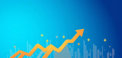 Abstract blue background with upward growing arrows, plus signs, and pixelated lines symbolizing growth,  rising,  chart