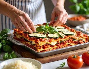 Woman Preparing Vegetarian Lasagna With Zucchini