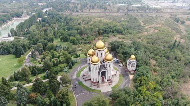 Aerial view of Church of All Saints on Mamayev Kurgan, Volgograd, Russia