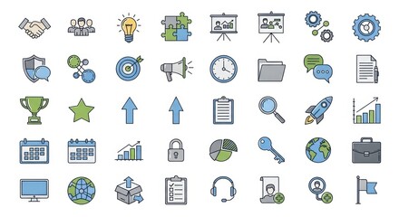 Collection of business and finance icons representing growth, strategy, and success