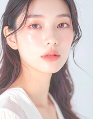 Naklejka premium 日本人, 超リアル, 若い美しい女性, 顔アップ, 滑らかな肌, ツヤのある肌質, ナチュラルメイク, 柔らかな光, 美容広告風, シネマティック, カメラ目線, 高画質, Japanese, ultra-realistic, young beautiful woman, face close-up, smooth skin, radiant complexion, natural makeup