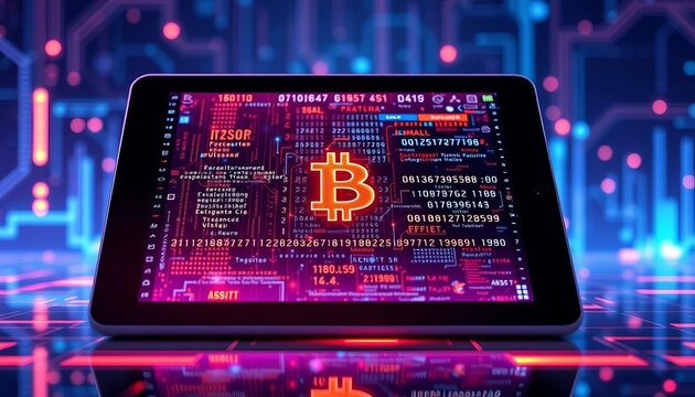 Digital tablet displaying encrypted blockchain data on innovative tech background, blockchain, hardware - Powered by Adobe