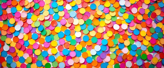 A vibrant scattering of round confetti in various colors, viewed from directly above, event, happy