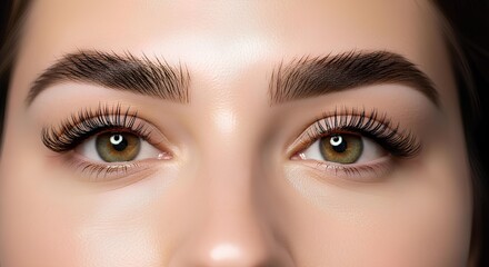 Obraz premium Close-up of a woman's eyes with perfectly shaped eyebrows and long eyelashes.