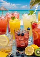 Colorful Summer Drinks on Tropical Beach