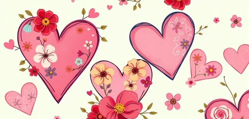 Whimsical hand-drawn floral hearts, vintage style, pastel palette, aesthetic, sweet