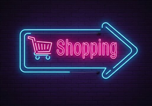 Neon sign with shopping cart and arrow on a brick textured wall