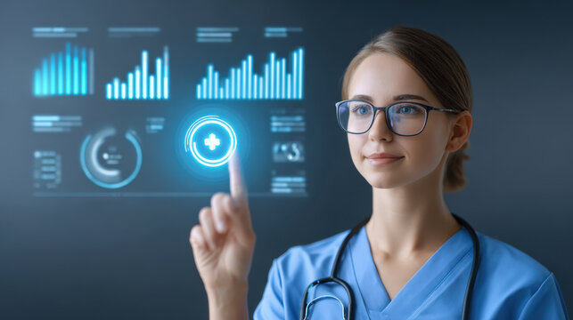 Young female doctor interacts with ai diagnosis interface futuristic healthcare technology innovation