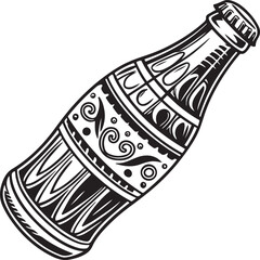 Vintage Decorative Soda Bottle Illustration, Black and White Beverage Glass Bottle Drawing, Ornamental Retro Drink Vector Line Art