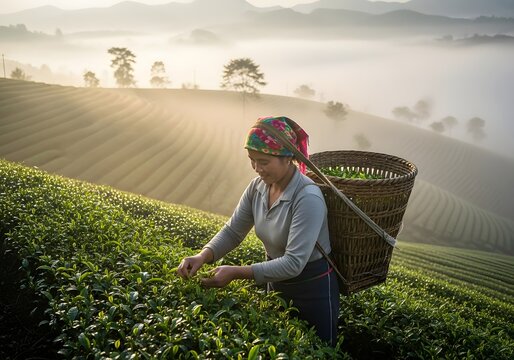 Tea picker working in a misty plantation at sunrise in the mountains