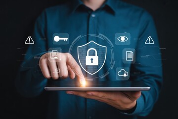 Person using tablet with security shield and icons displayed above it