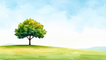 Fototapeta premium Watercolor Painting Of Isolated Tree On Hillside