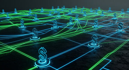 Abstract network of glowing dollar signs connected by blue and green lines, representing finance, technology, and global connections.