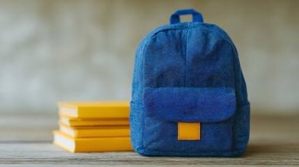 Blue denim backpack with yellow books on wooden surface school education