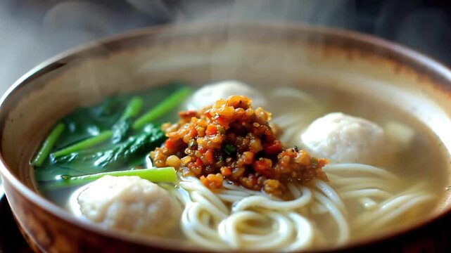 A comforting bowl of steaming Asian noodle soup, featuring tender fish balls, fresh green vegetables, and a savory topping, perfect for a warm and satisfying meal.