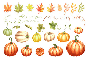 Pumpkins and maple leaves autumn set for Harvest decoration. Hand drawn watercolor isolated illustrations of Thanksgiving traditional vegetables. Fall collection. Clipart for sticker, card, Halloween.