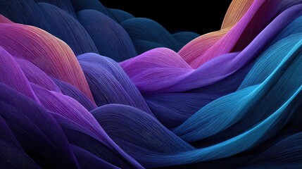 Abstract wave forms in vibrant, flowing hues of purple, pink, and blue against a black background