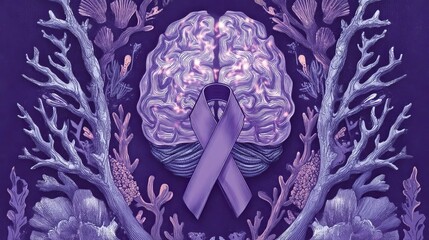 Illustration of a purple brain with a ribbon, surrounded by coral-inspired decorations.