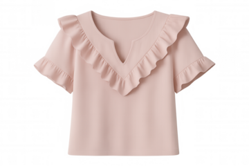 Delicate pink ruffled blouse featuring v-neck, short sleeves, floating against transparent background for fashion retail visuals