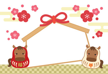 2026年午年の干支だるまと絵馬のフォトフレーム年賀状/横04・文字なし