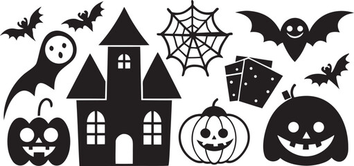 Obraz premium Halloween Silhouette Collection Featuring Ghost Bats Castle Spiderweb Pumpkins and Gift