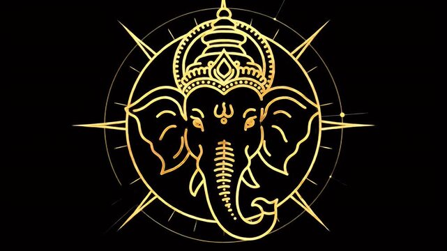 Golden Ganesha Illustration with Compass Rose Symbolism on a Dark Background