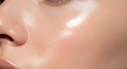 Extreme close-up on a youthful face showing smooth, radiant, and moisturized skin.
